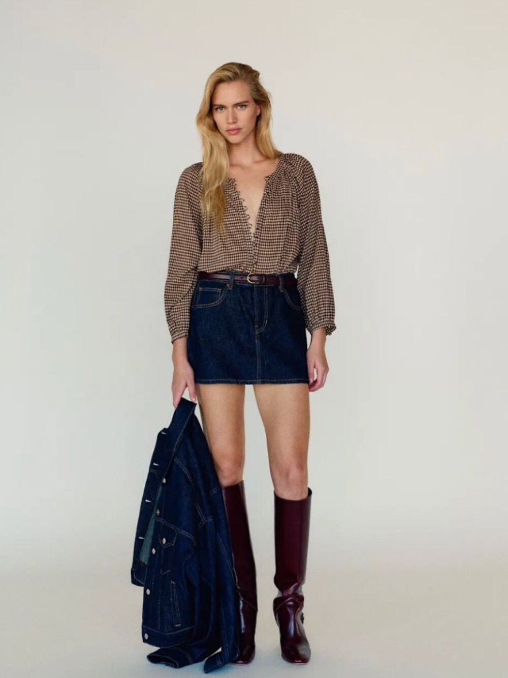 Reformation Calia Long Sleeve Top in Tartine Check, Size M